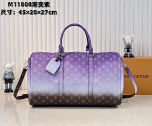 Gradually changing purple Keepall Bandouliere 45 travel bag is made of Monogram Eclipse canvas.
